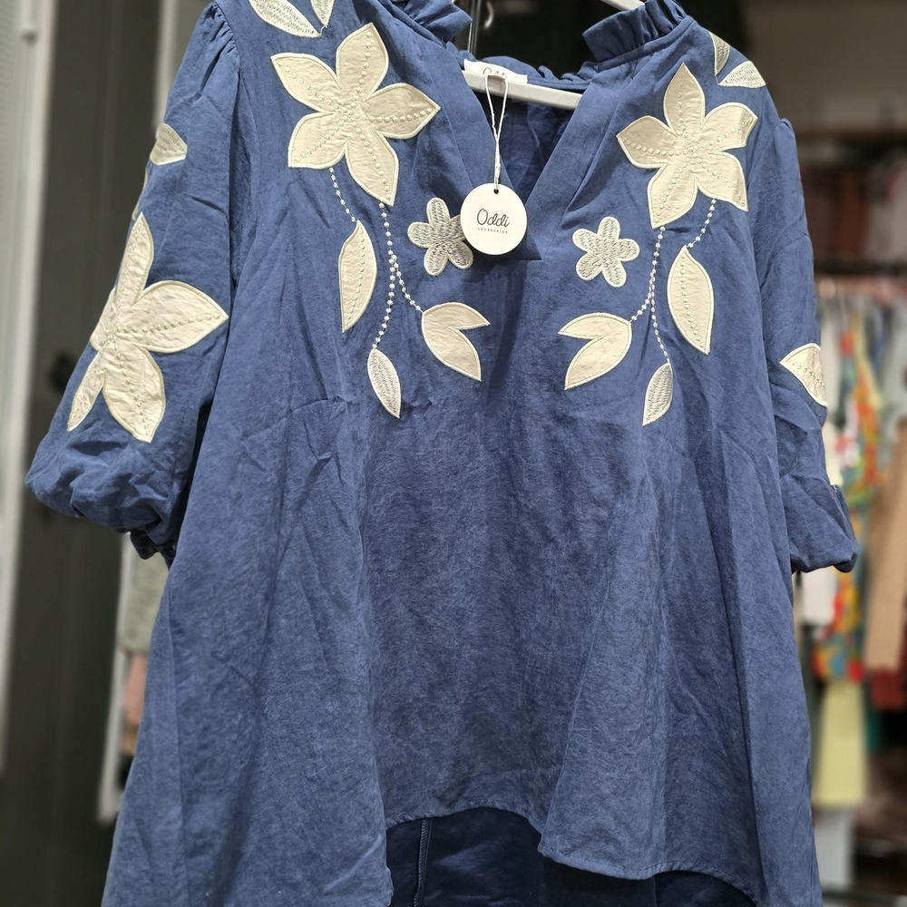 ODDI Chic Blue Blouse with Cream Floral Accents